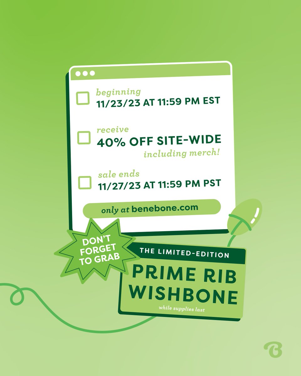 mybenebone's tweet photo. Our BIGGEST sale of the year is almost here! Get 40% off sitewide at https://t.co/IFCPL8uLPw 11/23 at 11:59 p.m. EST – 11/27 at 11:59 p.m. PST 💚

Be sure to snag our new limited-edition chew, the Prime Rib Wishbone, as well as merch! Discount automatically applied at checkout. https://t.co/TZdXwG75MP