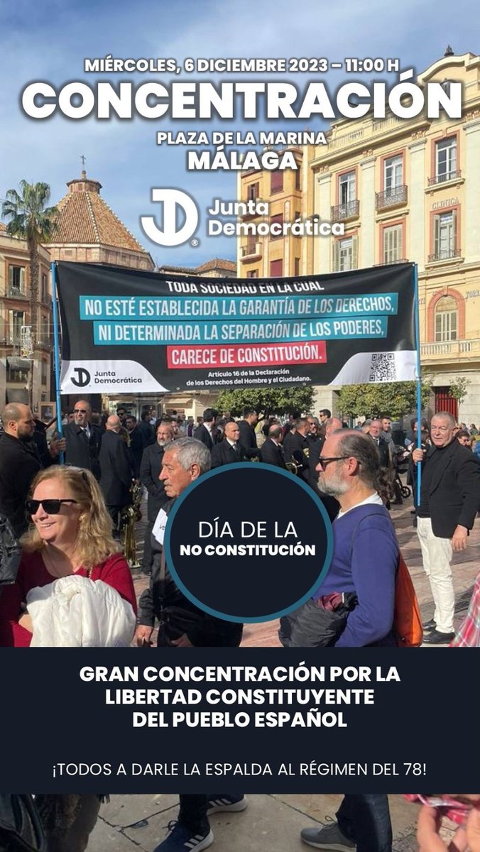 AAbstencionaria's tweet photo. 📆 Miércoles, 6 de diciembre
⏰ 11:00 horas
📍 Plaza de la Marina, Málaga
#FelizNoConstitucion
#6D
Vídeo del año pasado 👇🏻:
https://t.co/p4jaVlxulm

Las delegaciones de la JDE se movilizan para acudir en masa, este año el poder temblará ante el clamor del PUEBLO 🔥✊🏼🔥 https://t.co/QRgxJpm1bw