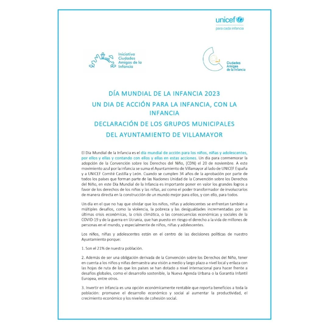VillamayorCdn's tweet photo. Por el día mundial de los derechos de la infancia #20deNoviembreInfancia, el ayuntamiento de Villamayor se compromete a seguir trabajando en que los niños y niñas del municipio conozcan sus derechos y en sensibilizar a vecinos y vecinas del municipio.
@UNICEFCyL
@unicef_es https://t.co/pXlxytE6Wx