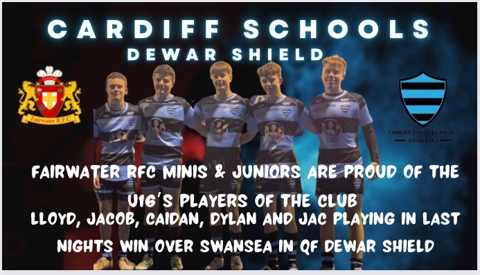 Congratulations to club players on their great efforts & team the win last night. Also well done to Josh & Caden on your fixture, playing for the Cardiff schools A team on Friday. Great to see club players having great game opportunities. #DewarShield