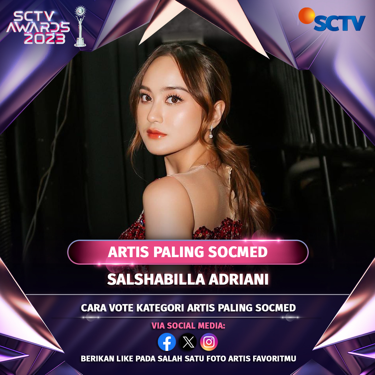 SCTV's tweet photo. Yuk, dukung Salshabilla Adriani untuk membawa pulang piala "Artis Paling Socmed" dengan cara follow SCTV, like foto ini, dan komen "DONE" setelah voting, ya!

#VoteSA2023
#SCTVAwards2023
#SA2023 https://t.co/CVnlrW8k9R