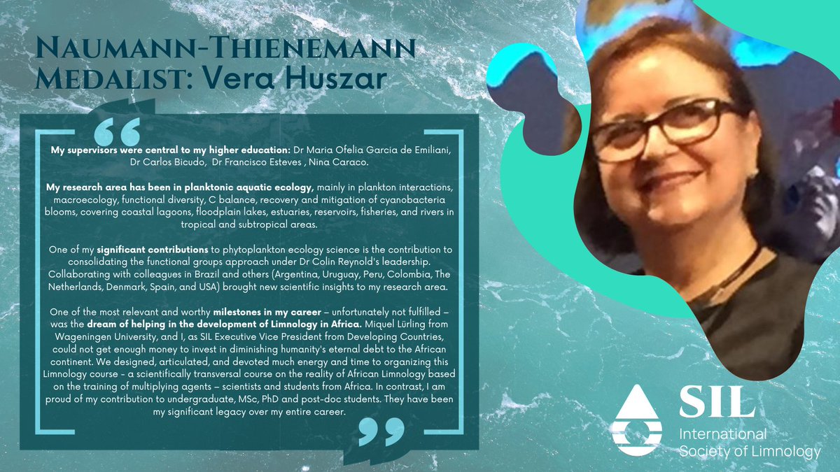 Today we are happy to announce the most recent winners of SIL's prestigious Naumann-Thienemann medal, awarded for a lifetime of outstanding scientific contributions to limnology research 💧

Please join us in congratulating Dr Vera Huszar! 🏅