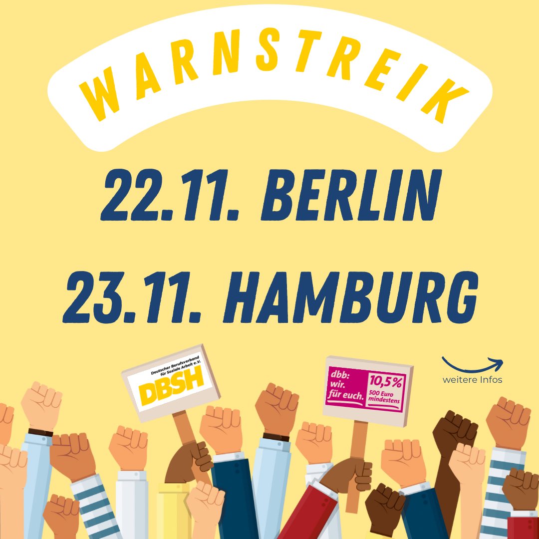 dbshbund's tweet photo. Ab jetzt bewegen wir die Arbeitgeber - auf der Straße! 📣

Wir rufen alle betroffenen Beschäftigten in Berlin (22.11) und Hamburg (23.11) zu einem ganztägigen Warnstreik auf!📣

https://t.co/T62pgCBHGZ

#dbsh #gewerkschaft #sozialearbeit #fachverband #warnstreik https://t.co/kEY3eEsOSS