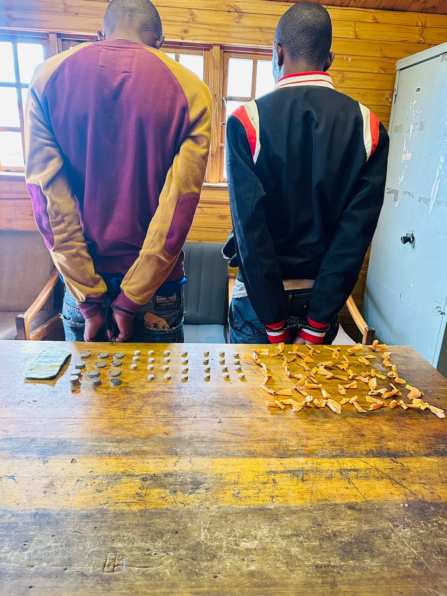 SAPoliceService's tweet photo. #sapsFS Members of #SAPS Welkom Public Order Police Unit have arrested two suspects allegedly dealing in drugs at Tshiame B near Harrismith. The two arrested suspects are expected to appear before the Harrismith Magistrates’ Court on Wednesday, 22/11 facing charges of dealing in drugs. #DrugsOffTheStreet SW