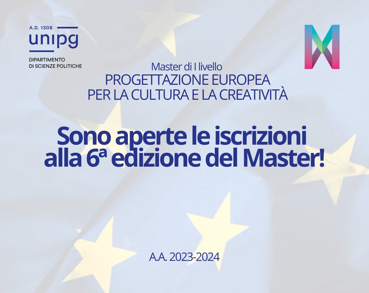 Sono aperte le iscrizioni alla 6ª edizione del #𝐌𝐚𝐬𝐭𝐞𝐫 𝐝𝐢 𝐈 𝐥𝐢𝐯𝐞𝐥𝐥𝐨 𝐢𝐧 #𝐏𝐫𝐨𝐠𝐞𝐭𝐭𝐚𝐳𝐢𝐨𝐧𝐞𝐞𝐮𝐫𝐨𝐩𝐞𝐚 𝐩𝐞𝐫 𝐥𝐚 #𝐜𝐮𝐥𝐭𝐮𝐫𝐚 𝐞 𝐥𝐚 #𝐜𝐫𝐞𝐚𝐭𝐢𝐯𝐢𝐭𝐚̀!
Info&amp;bando: progettazioneculturaeuropa.unipg.it
Iscrizioni entro il 9.02.2024.
#CulturadEuropa #Unipg