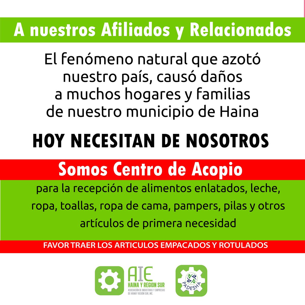 Somos Centro de Acopio de alimentos enlatados, leche, ropa, toallas, ropa de cama, pampers, pilas y artículos de primera necesidad. Esperamos sus donaciones para ayudar a las familias afectadas por las lluvias #haina #aiehainayelsur #padesha <a href="/dirciapaulino/">Dircia Paulino</a>
<a href="/napoleon_r/">Napoleón Rodríguez</a>
