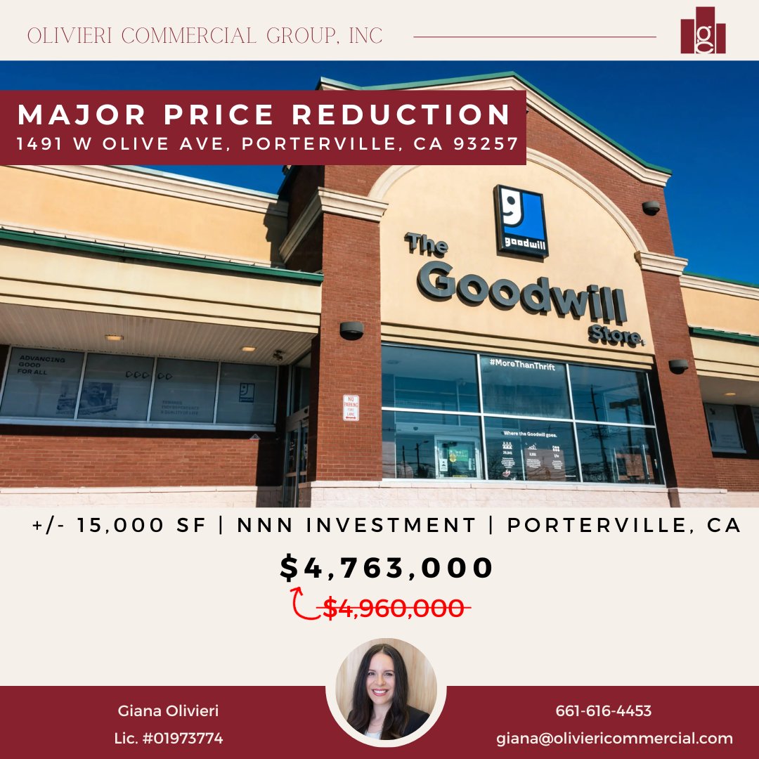 OCG16's tweet photo. We've got some news you probably don’t want to miss! 📷
There has been a price reduction for our Goodwill NNN investment!

#NNN #nnnlease #porterville #Goodwill #porterville #bakersfield #commercialrealestate #commercialrealestatedevelopment #cre https://t.co/9EgqeDbuJ1