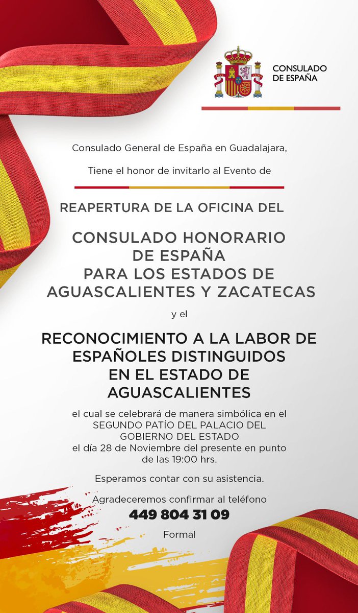 Atención a los ciudadanos españoles en Aguascalientes y Zacatecas. Tenemos el honor de invitarlos a la Reapertura de la Oficina del Consulado Honorario en Aguascalientes.