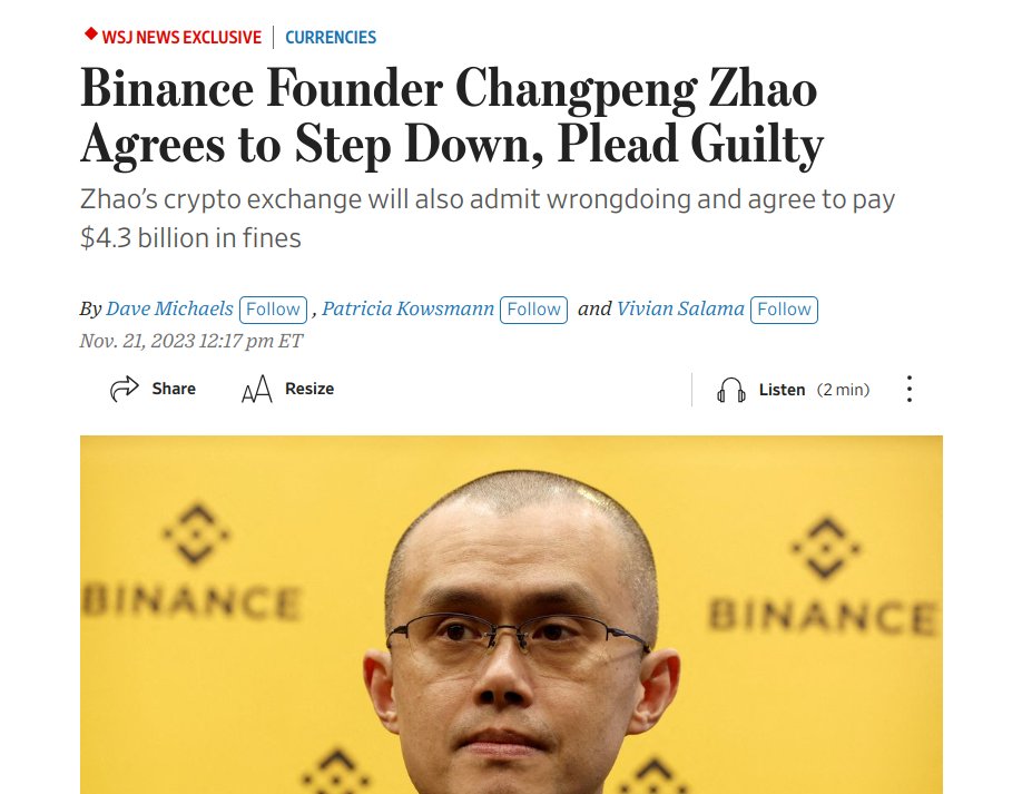 BINANCE FOUNDER CHANGPENG ZHAO AGREES TO STEP DOWN: WSJ