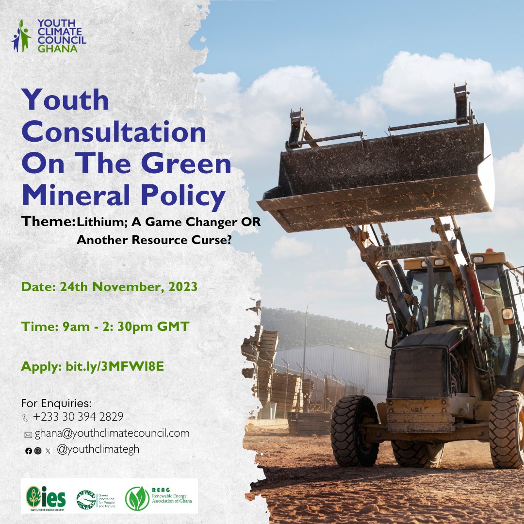 We are thrilled to invite you to a youth consultation on Ghana's Green Mineral Policy and the Awoyaa Lithium Project! Join us as we brainstorm plausible avenues for sustainable development, and encourage responsible mineral extraction practices. Apply: bit.ly/3MFWl8E