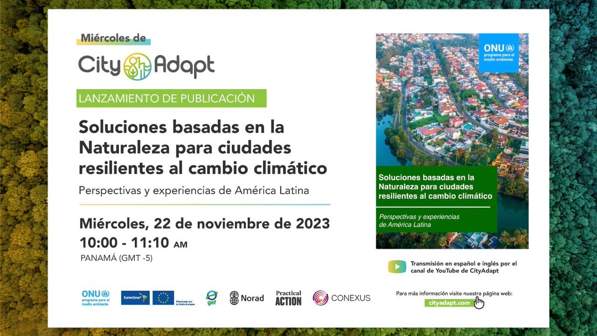 ¡Mañana es el lanzamiento de la nueva publicación!

🌱 Soluciones basadas en la Naturaleza para ciudades resilientes al #CambioClimático: perspectivas y experiencias de América Latina

⏰ Miércoles 22 de noviembre, 10:00 - 11:10 AM (GMT-5)

🔗 bit.ly/47mlxJW