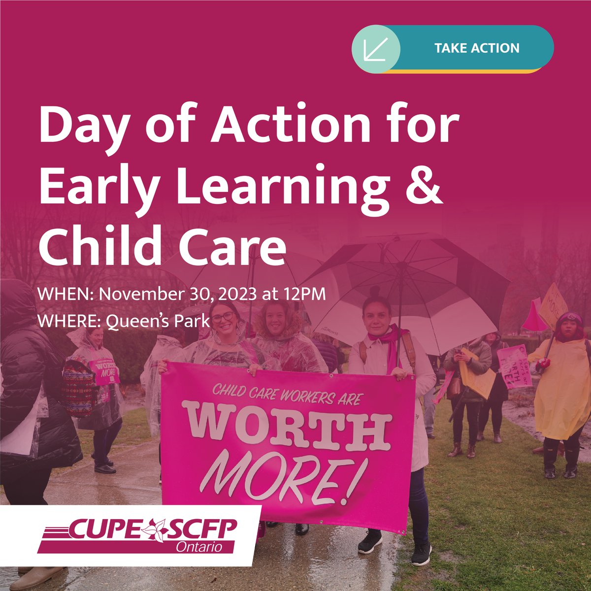 Early Childhood Educators and Child Care Workers keep children safe and secure, helping parents to better serve their communities! 

On Thursday, November 30, 2023 at 12PM at Queen's Park, join us for the National Day of Action for Early Learning and Child Care with our coalition