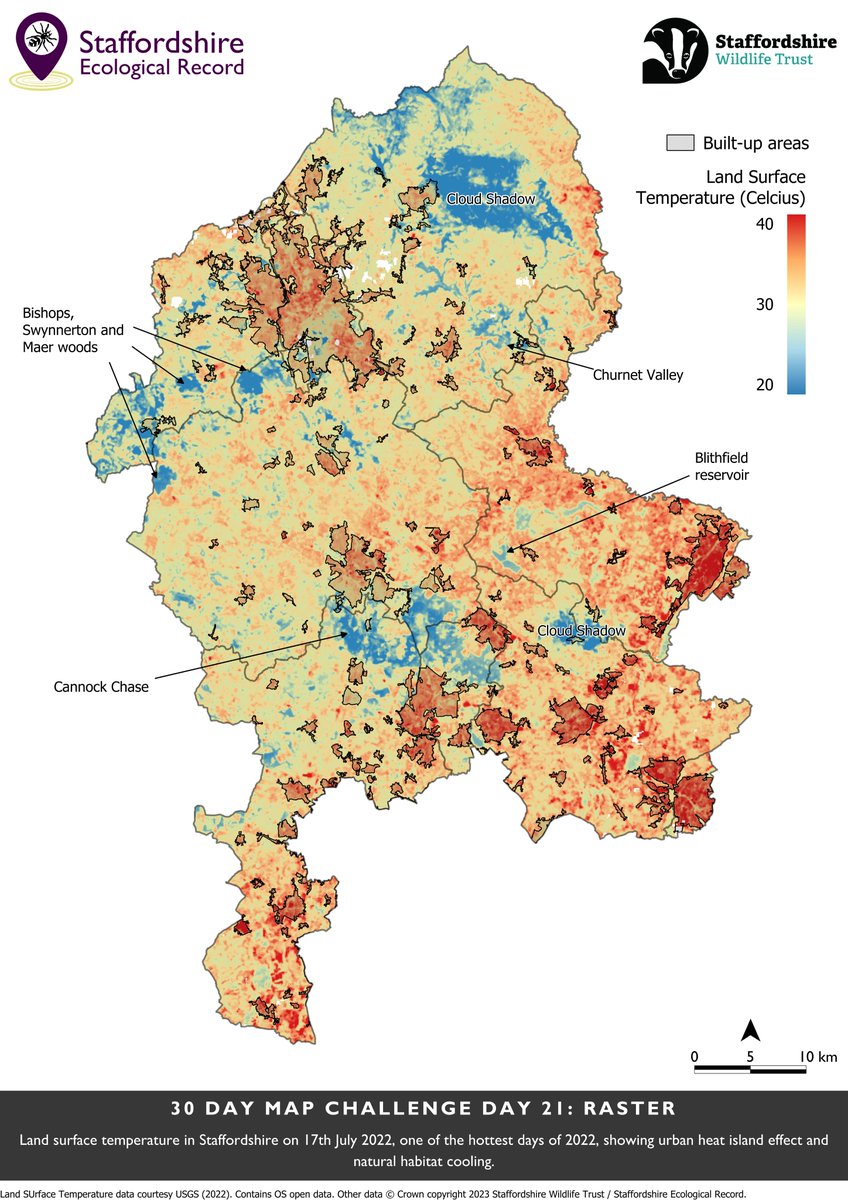 #30DayMapChallenge Day 21: Raster

Most of us have probably used raster data in the form of google satellite imagery. There are many more types of space-borne satellite data, today we look at Landsat-9 thermal-infrared imagery across Staffordshire.

@staffswildlife