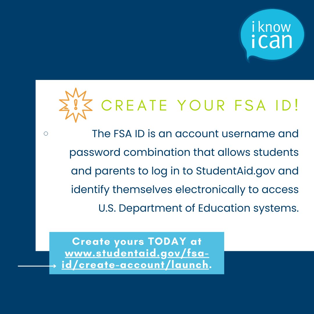 IKnowICan88's tweet photo. The 2024–25 FAFSA® form is launching on Dec. 31st! 📢 But there's something you can be doing NOW to prepare! Anyone who will be putting their information into the FAFSA will need to create an FSA ID. Create yours TODAY at https://t.co/PC8sid6w51. #iknowican #dreambig #fafsa https://t.co/RqLftuouYw