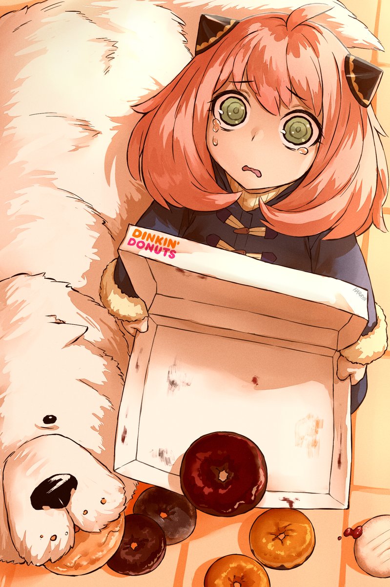 anya (spy x family) 1girl pink hair green eyes dog female child tears box  illustration images