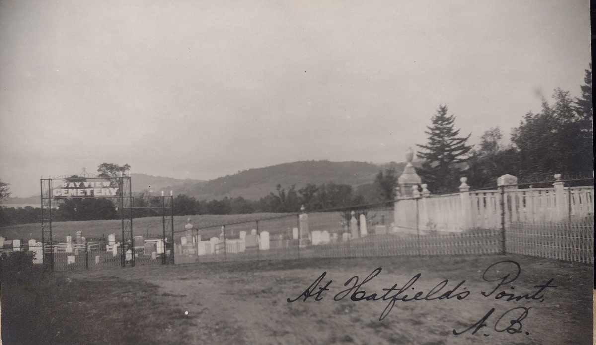 For the New Brunswick friends:

A real photo postcard circa 1905-1918 of Bayview Cemetery, Hatfield Point, New Brunswick. I haven't been there myself but from what I can see online the entrance sign/gate is still the same. 👍