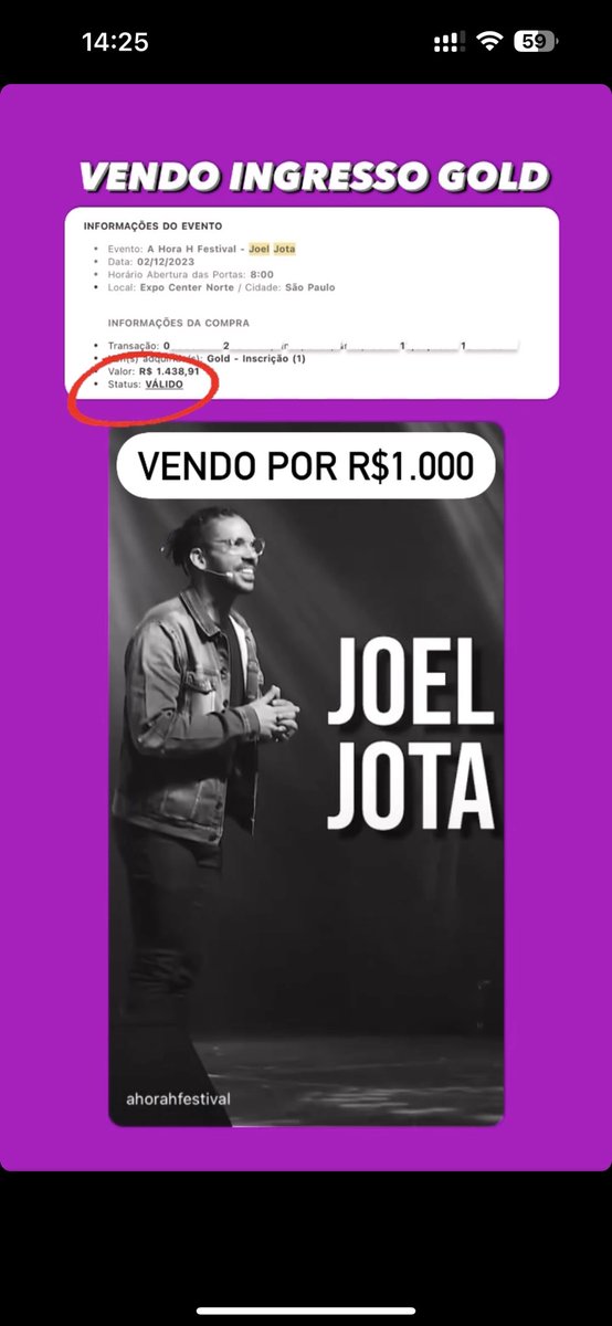 VENDO INGRESSO GOLD POR APENAS R$1.000 

HORA H - SÃO PAULO 

PALESTRANTES:

JOEL JOTA
CAIO CARNEIRO
FLAVIO AUGUSTO
PAULO MUZY