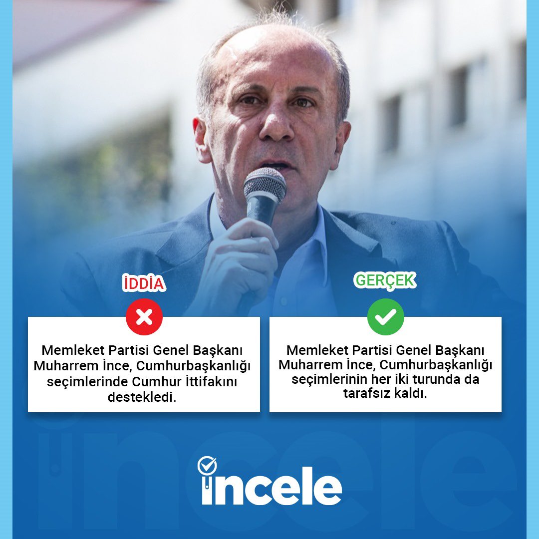 inceleorgtr's tweet photo. İDDİA
Memleket Partisi Genel Başkanı Muharrem İnce, Cumhurbaşkanlığı seçimlerinde Cumhur İttifakını destekledi. ❌

GERÇEK
Memleket Partisi Genel Başkanı Muharrem İnce, Cumhurbaşkanlığı seçimlerinin her iki turunda da tarafsız kaldı. ✅ https://t.co/dzOXjUttWb