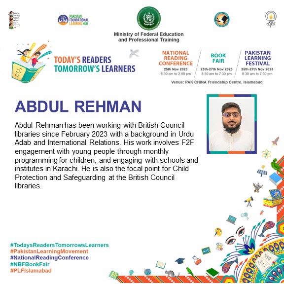 plf_pk's tweet image. Come and join Tooba Sajid, the Library Coordinator, and AbdulRehman, the focal person for Child Protection and Safeguarding at the @pkBritish libraries, as they conduct a session at the Pakistan Learning Festival in Islamabad. 

#PakistanLearningMovement