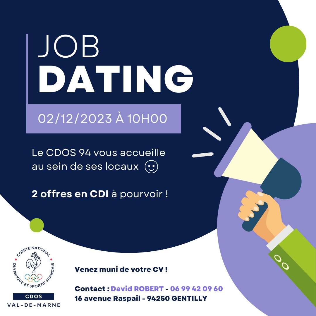 cdos94's tweet image. 🎉 𝐉𝐎𝐁 𝐃𝐀𝐓𝐈𝐍𝐆 : l'évènement à ne pas manquer ! 🏃‍♀️

👉 𝟐 𝐨𝐟𝐟𝐫𝐞𝐬 𝐝'𝐞𝐦𝐩𝐥𝐨𝐢 𝐞𝐧 𝐂𝐃𝐈 sont à pourvoir !

⬇️ Toutes les informations ci-dessous ⬇️

#jobdating #recrutement #job #emploi #sport #valdemarne #projets #événement #cdos94