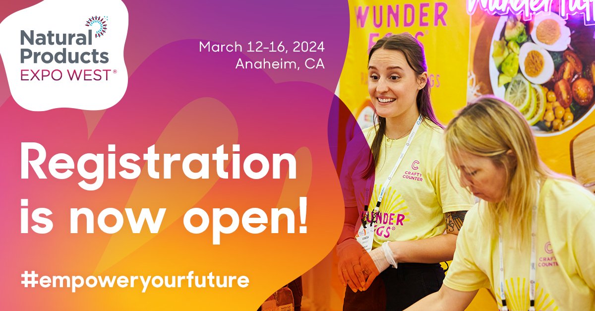 NatProdExpo's tweet photo. It’s HERE! Registration is now open for #ExpoWest 2024! ☀️Join us in #Anaheim this Spring for the largest collection of natural and organic brands in the industry. 

#empoweryourfuture March 12-16, 2024. Register here: https://t.co/RfaKAGw3oW

#naturalproducts #organic #cpg https://t.co/IDFVTWgtRY
