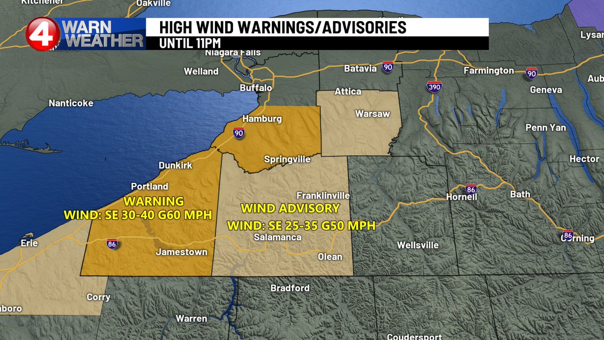 Just in case you were wondering where the wind has been this afternoon. These are the gusts just within the past hour ending at 3:20pm. The High Wind Warning and Wind Advisories for parts of WNY are expected to continue until 11pm tonight. #4WarnWeather