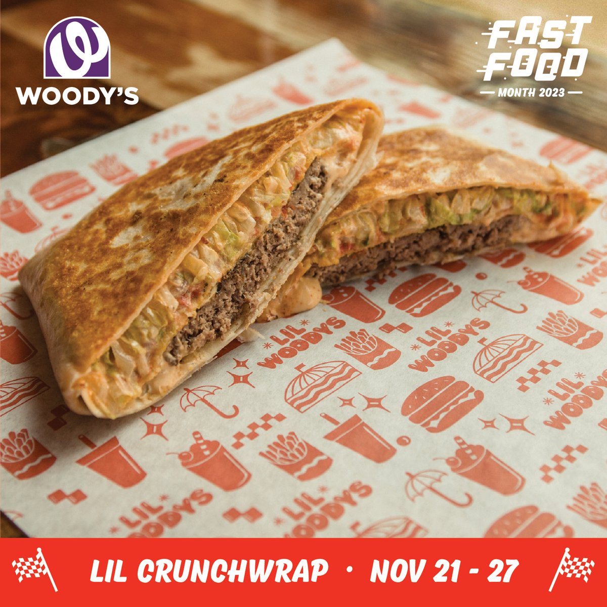lilwoodys's tweet photo. #lilwoodysburgeroftheweek: The #LilCrunchWrap is back this week!

1/4lb Grass-Fed Beef
Lil Woody’s in-house Queso
Chipotle Mayo
Shredded Lettuce
Pico De Gallo
Tostada
All wrapped up in a Tortilla and grilled

avail thru 11/27
#lilwoodysfastfoodmonth https://t.co/3rSA1XEObq