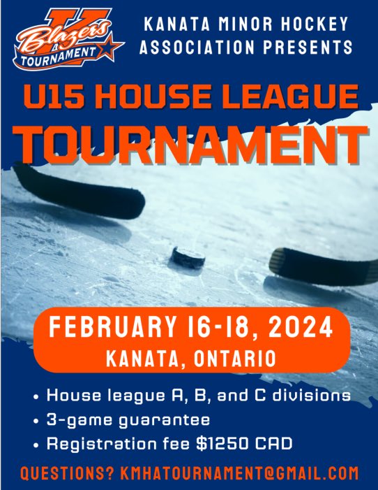 The KMHA U15 house league tournament is coming up February 16-18, 2024. We are still accepting team registrations for all divisions, but especially A and B.

u15tournament.kmha.ca

Questions? kmhatournament@gmail.com