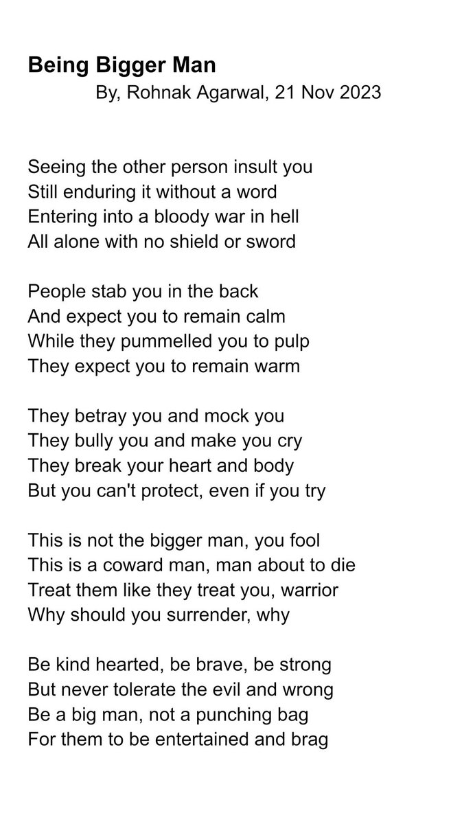 RohnakAgarwal's tweet photo. Being Bigger Man (21 Nov 2023)

Be brave, not a coward

#poem #rrkas #beingbiggerman https://t.co/CZxgfBkUfb