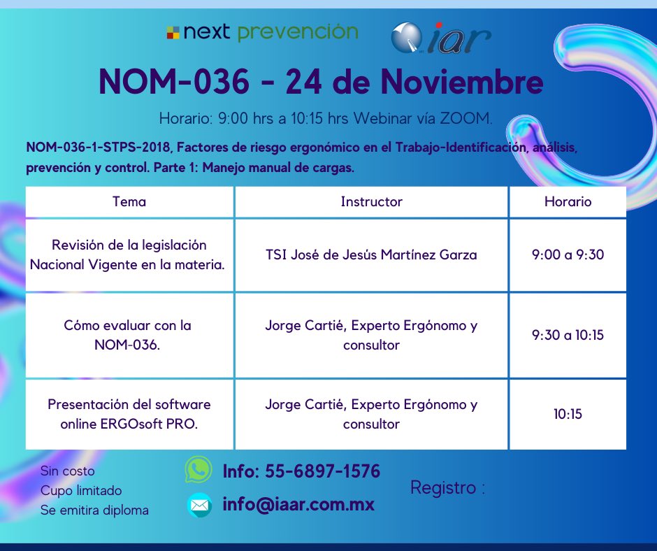 IAARMX's tweet photo. 🩺Estamos a una semana de nuestro seminario(24 de Noviembre) donde revisaremos las obligaciones y contenido de la NOM-036-STPS-2018, en colaboración con Next Prevención. ¡Acompáñanos! https://t.co/WdpyNjt4J8

Regístrate en el enlace o  
enviando mensaje al correo info@iaar.com.mx https://t.co/5nK1MUS8oL