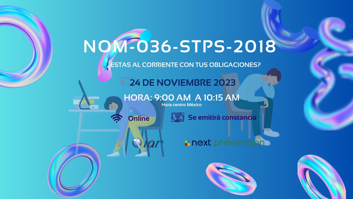 IAARMX's tweet photo. 🩺Estamos a una semana de nuestro seminario(24 de Noviembre) donde revisaremos las obligaciones y contenido de la NOM-036-STPS-2018, en colaboración con Next Prevención. ¡Acompáñanos! https://t.co/WdpyNjt4J8

Regístrate en el enlace o  
enviando mensaje al correo info@iaar.com.mx https://t.co/5nK1MUS8oL