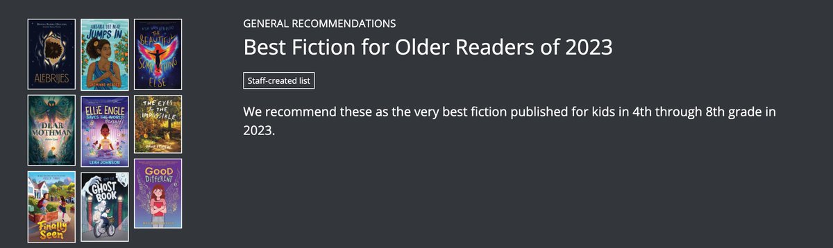 ConfusedNarwhal's tweet photo. Thank you for including #GoodDifferent!!!!

Best Fiction for Older Readers of 2023 by ChiPubLib_Kids - a staff-created list : We recommend these as the very best fiction published for kids in 4th through 8th grade in 2023. https://t.co/Aaaf41MakB https://t.co/GMnWz8k7wt