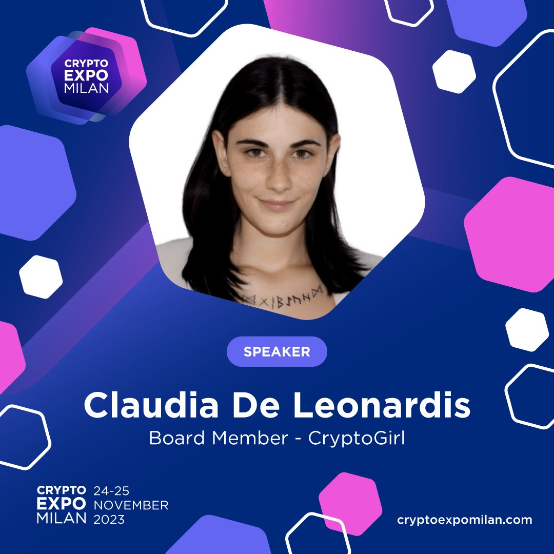 CryptoExpoMilan's tweet photo. Meet the Speakers at the #CryptoExpoMilan 2023 🎤
Board Member at Crypto Girl, Claudia de Leonardis will take the stage at CEM23 where she will delve deep into the Web3 Gap, with focus on the purple washing effect. Don't miss her talk!
#CEM23 #blockchain #Web3 #milanevents https://t.co/787Q5jKiHx