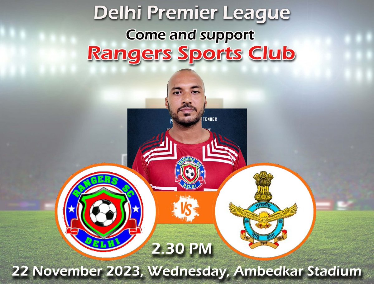 SportsRangers's tweet photo. Rangers SC is playing its second match of #DelhiPremierLeague against Sudeva FC at 2.30 PM 22nd November 2023 at Ambedkar Stadium, Delhi Gate, New Delhi 

Best of luck team 👍.
 
#RangersSC #Rangers #soccer #football #FootballDelhi #DSA #DPL #fifa #sports #futsal #goal https://t.co/LIWkVXXONC