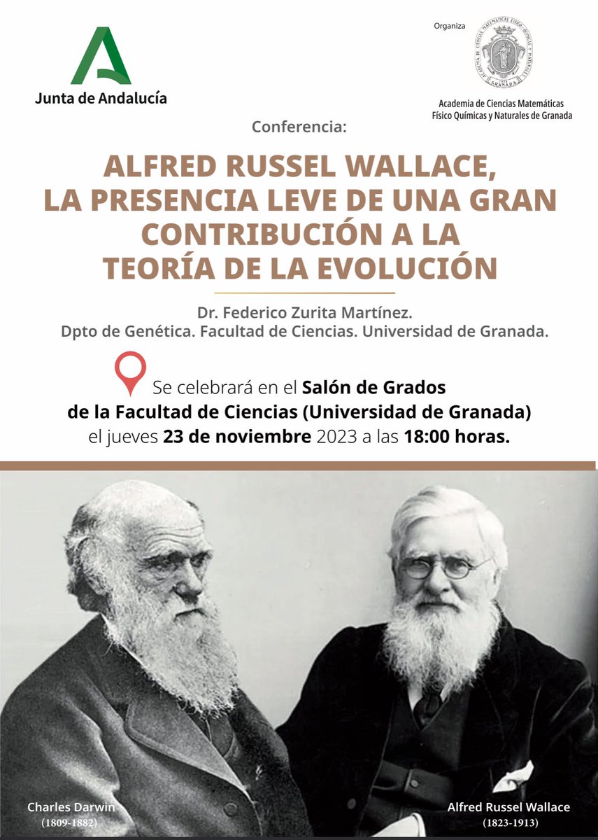 Academia_Gr's tweet photo. 🔉 Conferencia:

“Alfred Russel Wallace, la presencia leve de una gran contribución a la
Teoría de la evolución”

👤Dr. Federico Zurita Martínez

📍Salón de Grados de la @fcienciasugr @CanalUGR 

🗓️ 23 de noviembre a las 18:00h https://t.co/XjRdZ58ZMb