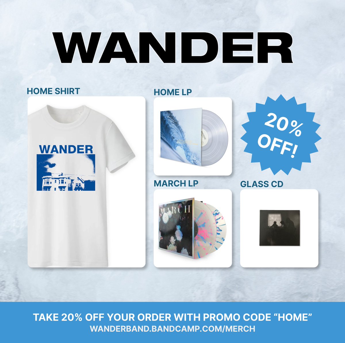 ❕ALL ITEMS ON OUR BANDCAMP STORE ON SALE❕

From 11/21 (today) to 11/30, all items on our bandcamp store will be 20% off with promo code “HOME”! 🌊

wanderband.bandcamp.com/merch