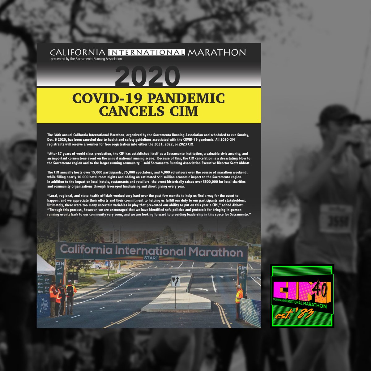 runSRA_CIM's tweet photo. We’ve reached 2020 on our road to #cim40 .
The 38th annual California International Marathon, scheduled to run Sunday, Dec. 6 2020, was canceled due to health and safety guidelines associated with the COVID-19 pandemic. https://t.co/FCQY9sc4qj