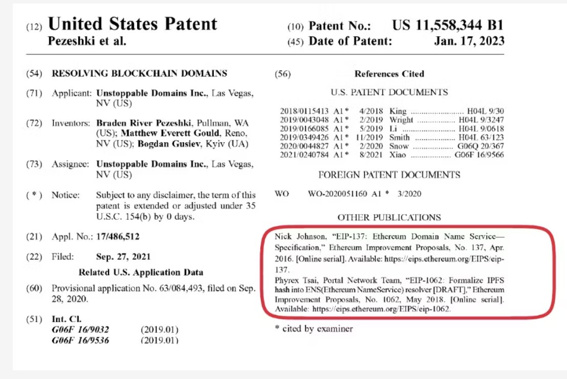 sandy_carter's tweet photo. If you want to know the facts on the @unstoppableweb patents, the real story is here:  

- The ‘344 patent underwent thorough scrutiny by the United States Patent and Trademark Office (USPTO). 
- Like any patent application, it was subject to extensive examination, considering all pertinent references. 
- Notably, UD explicitly provided the USPTO with references from ENS (see below)
- All members of the Web3 Domain Alliance and .eth have been granted non assertion pledge for this patent
- Notable #web3 companies like @coinbase @Consensys @kucoincom and others have also filed patents across a variety of #web3 work 
 https://t.co/54YH5iU7NH
