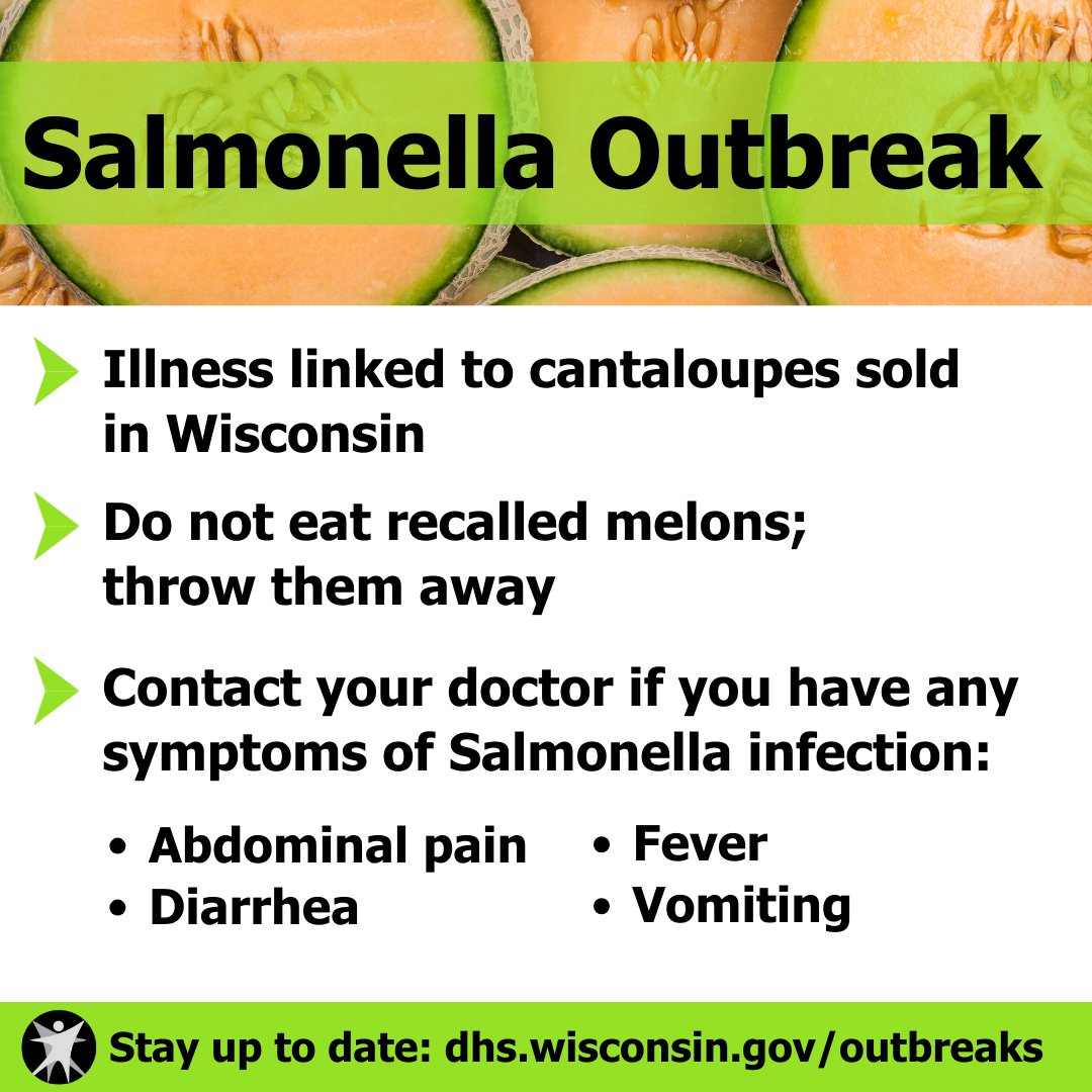 OUTBREAK ALERT. At least 4 people in 4 Wisconsin counties have become ill – 2 of them hospitalized – in a Salmonella outbreak linked to #cantaloupes. Get specifics about what's been recalled and what steps to take if you have this cantaloupe in your home: dhs.wisconsin.gov/news/releases/…