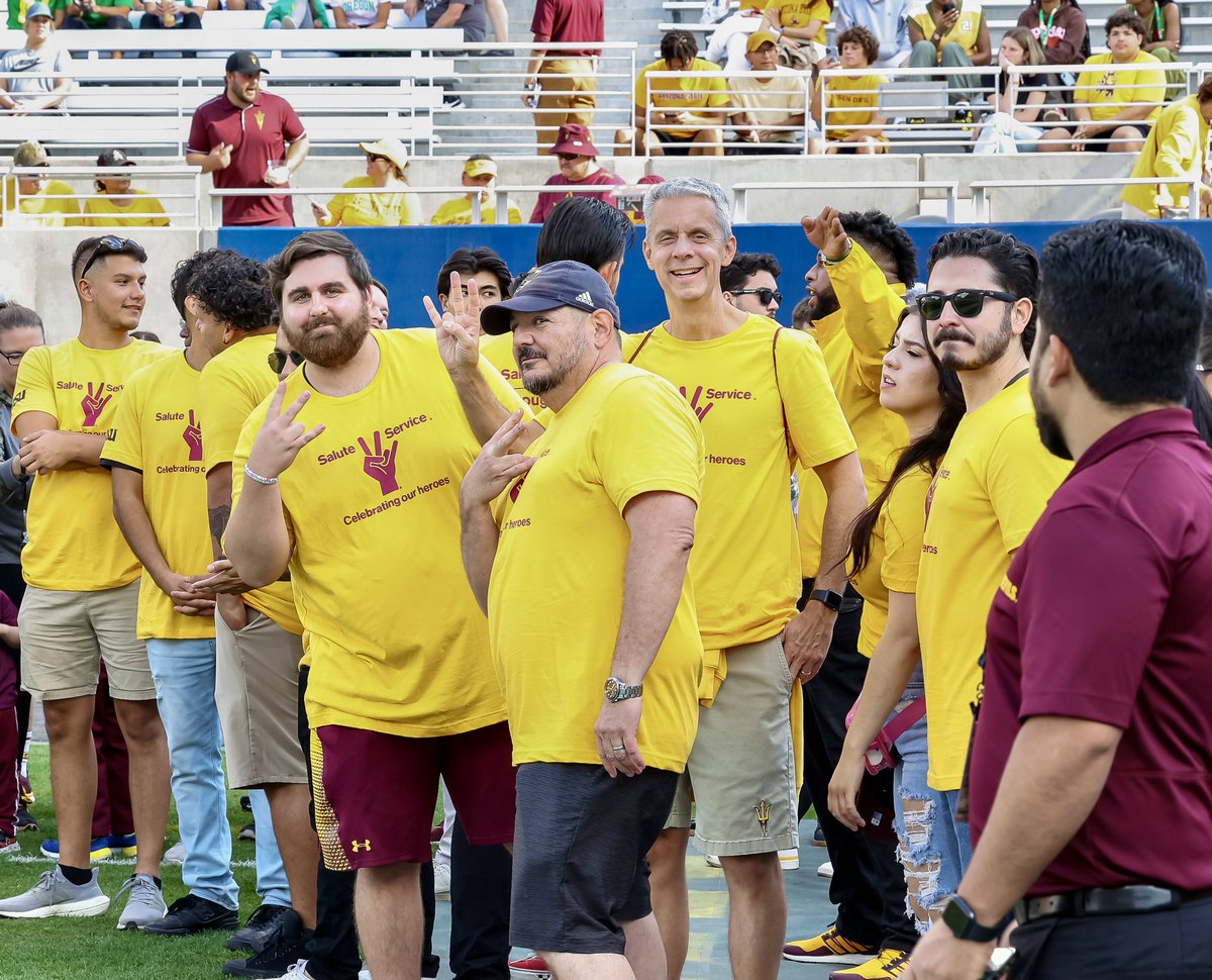 ASUDave's tweet photo. It helps when you’re friends with a professional “on-field” photographer for events like Saturday. Thanks to @asunutgirl for taking these great shots of me along with @SunDevilMatt42 &amp; @KevinEBrooksCPA #GoDevils #SaluteToService #BigFlag https://t.co/2JLYchSo3n