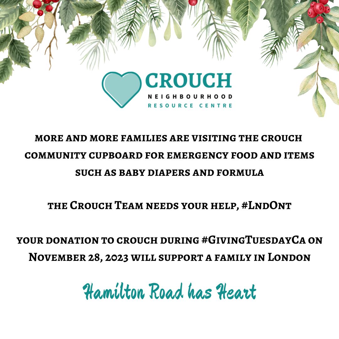 Crouch Neighbourhood Resource Centre is requesting donations today, #GivingTuesdayCA to support Hamilton Road neighbours in need during the upcoming holiday season. Please consider donating to Crouch this year: crouchnrc.org (crouchnrc.org)