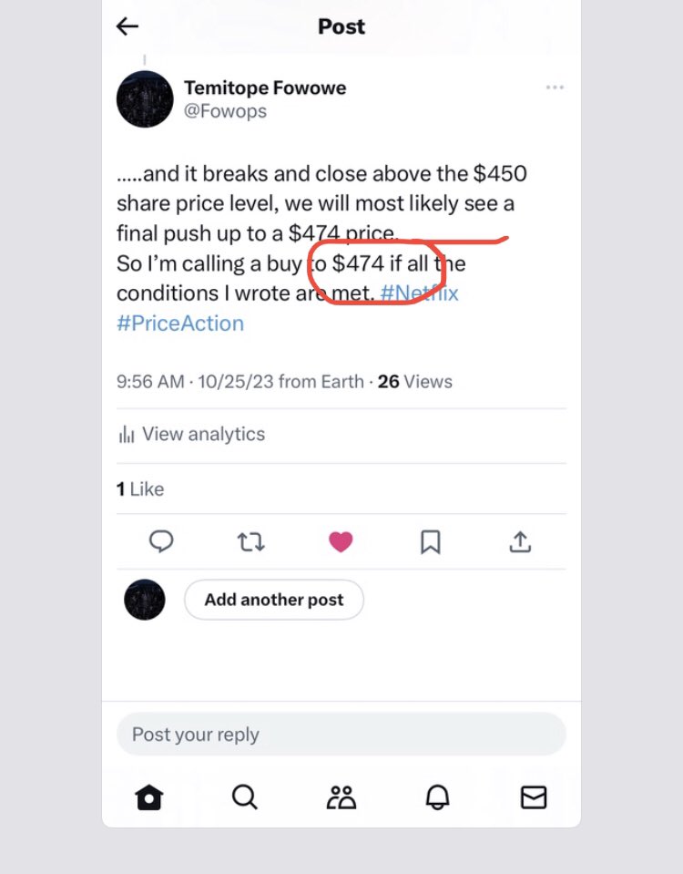 Fowops's tweet photo. Today is the 21st of November, 2023. Netflix share price is currently trading at $475 per share. This means my predictions made on the 25th of October, 2023 has played out. https://t.co/ia3CT2785s