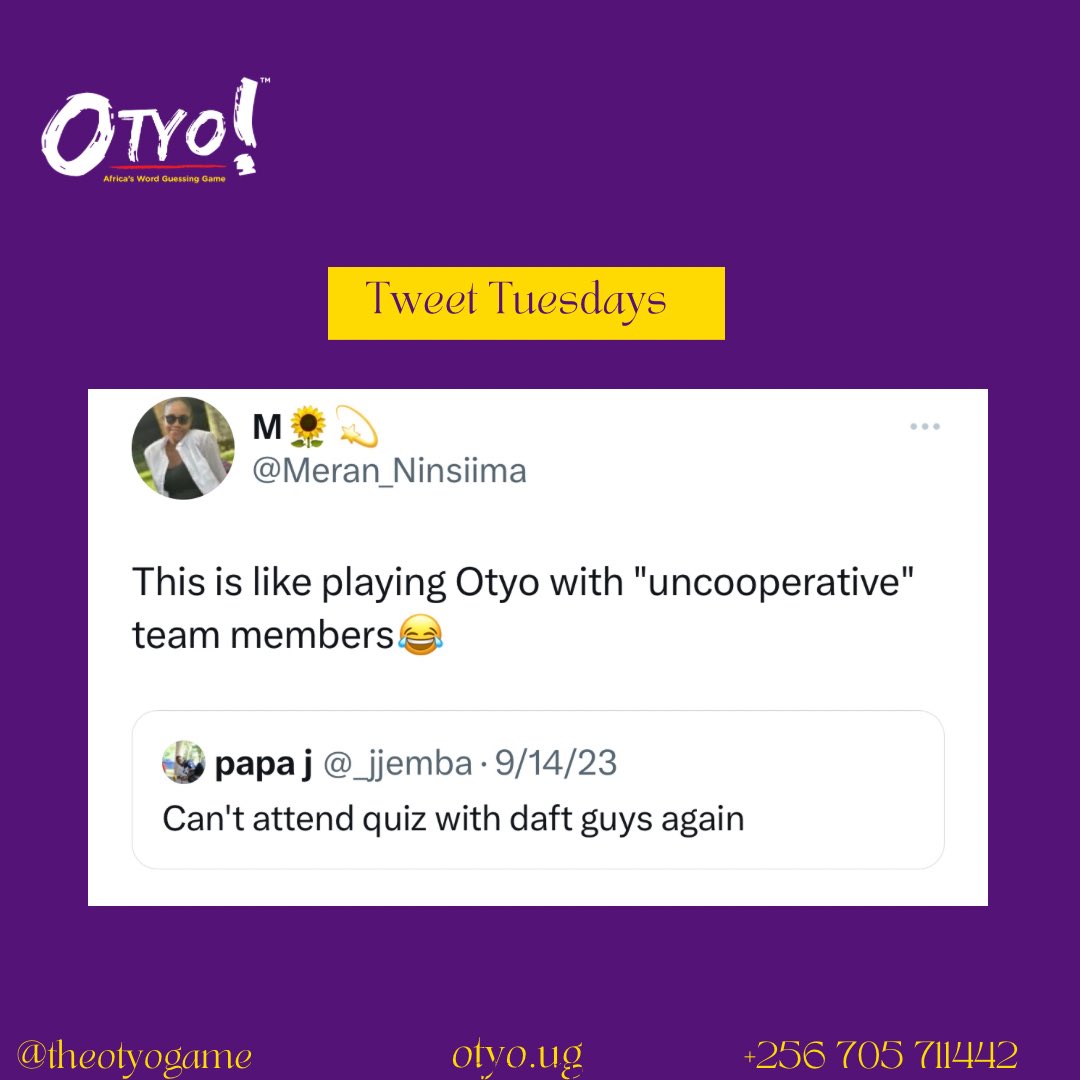 Ba uncooperative team members baliwa?😂😂😂

Tribe, tag them in the comment section!

#theotyogame #tweettuesdays #justforlaughs #letsplay #tribeguesses #wordgame #Africangame