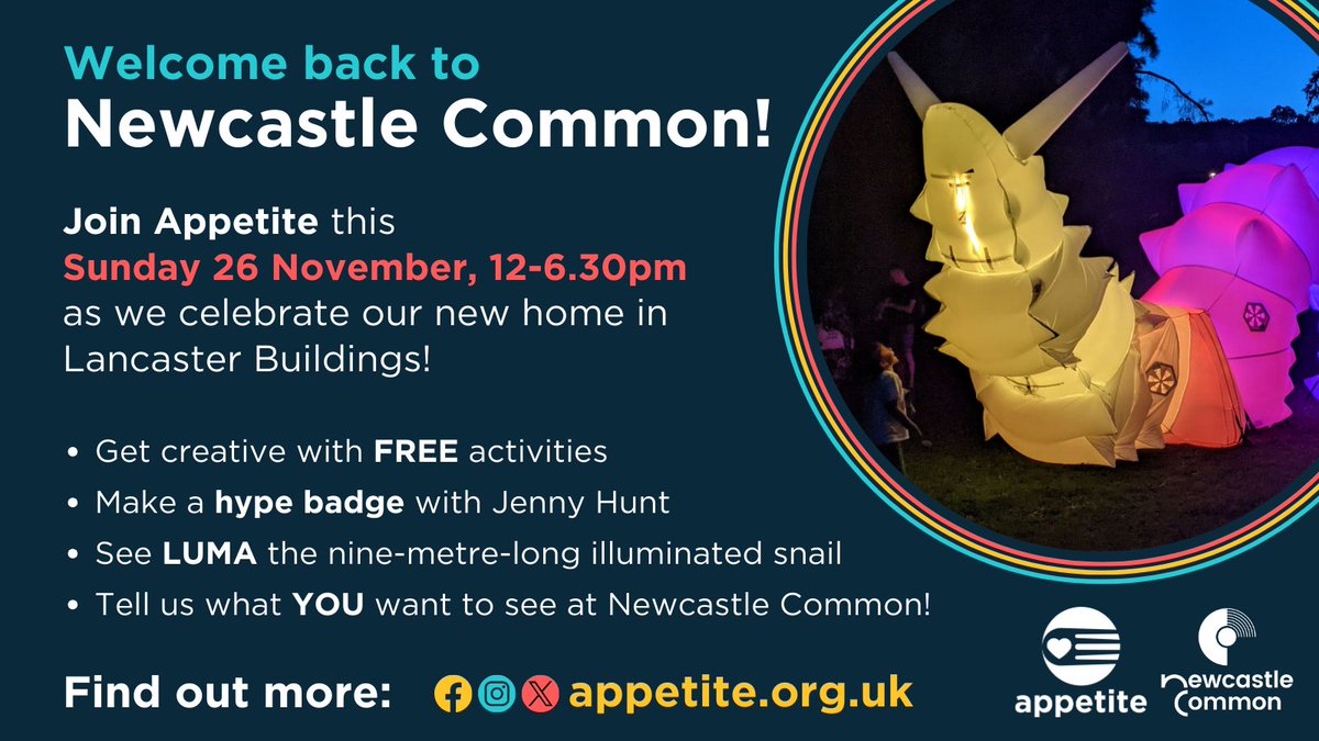 ･:*:｡･:*:･ﾟ🌟Join us on Sunday 🌟･:*:｡･:*:･ﾟ
We finally get to welcome you to our NEW home for Newcastle Common! And we’re celebrating with FREE activities … and a giant light-up snail. Come join the fun! #OnTheMenu #LightUpCastle