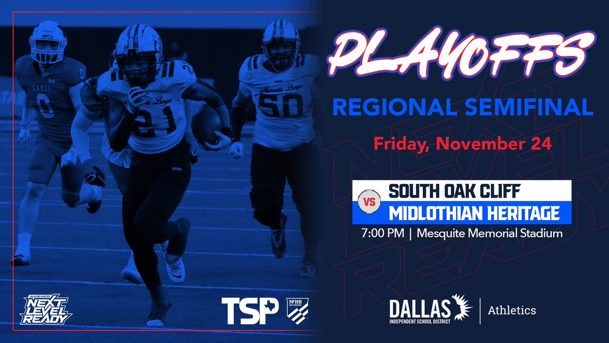 South Oak Cliff 🏈 will play Midlothian Heritage in the Regional Semifinal Friday night in Mesquite. Get 🎟 now: bit.ly/47rsWro