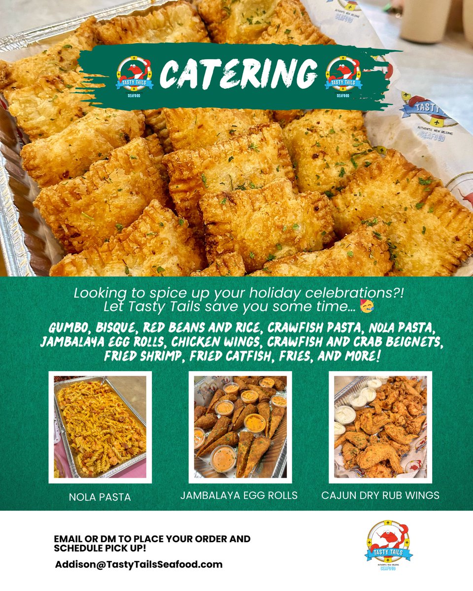 Tasty_Tails's tweet photo. 🍽️ If you’re looking to spice up your holiday party… #TastyTails can cater! 🌶️

📧 Send us a DM or email to inquire about our catering items and set up pick up! 

#dallas #dfw #dallascatering #dallasrestaurant #cajunfood #cajunrestaurant https://t.co/uJyHr5AV7X