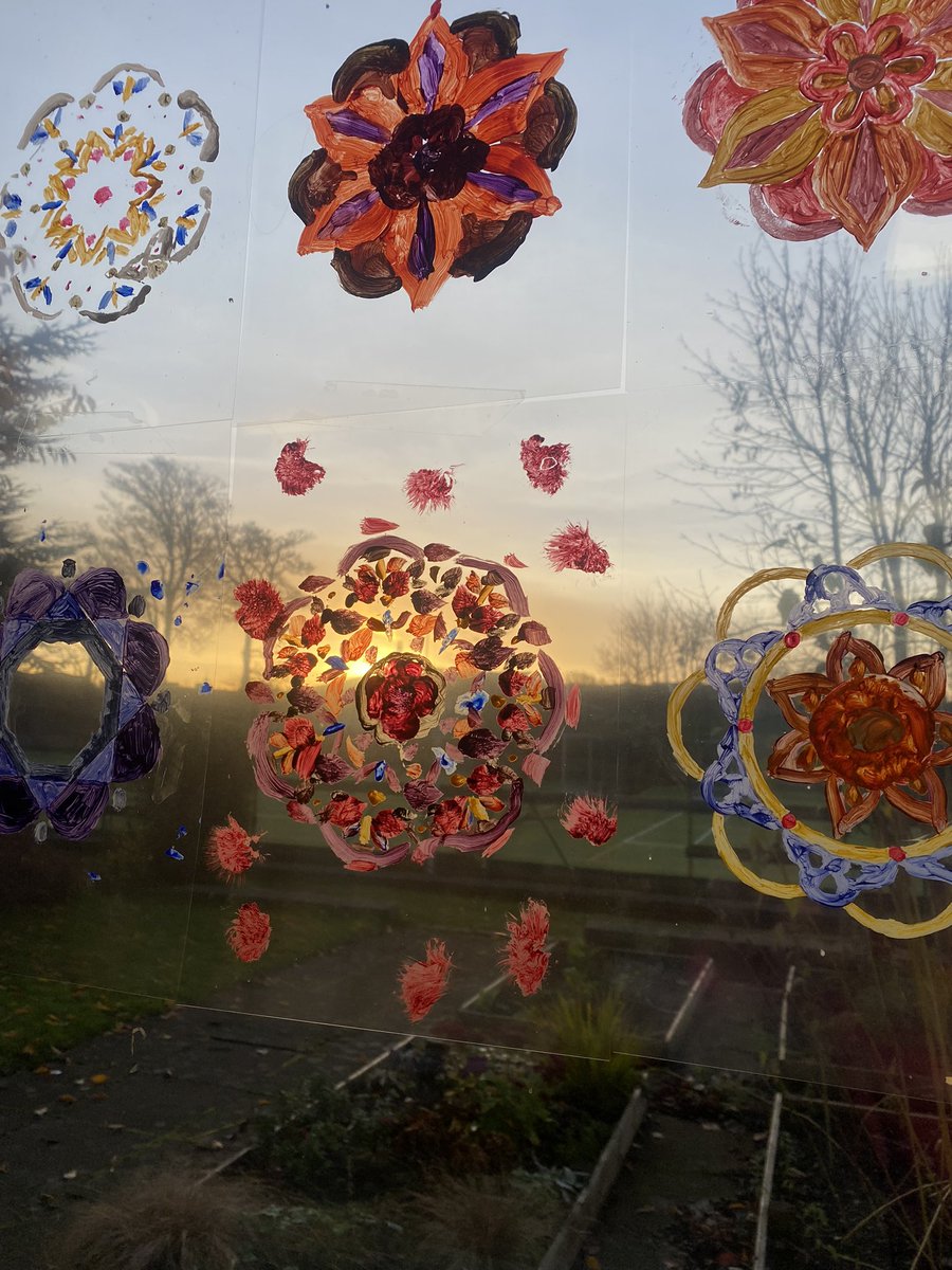 The sun rose beautifully behind these Rangoli Designs completed by pupils last week in celebration of Diwali ☀️ #joinin #diwali #celebration #learning #art