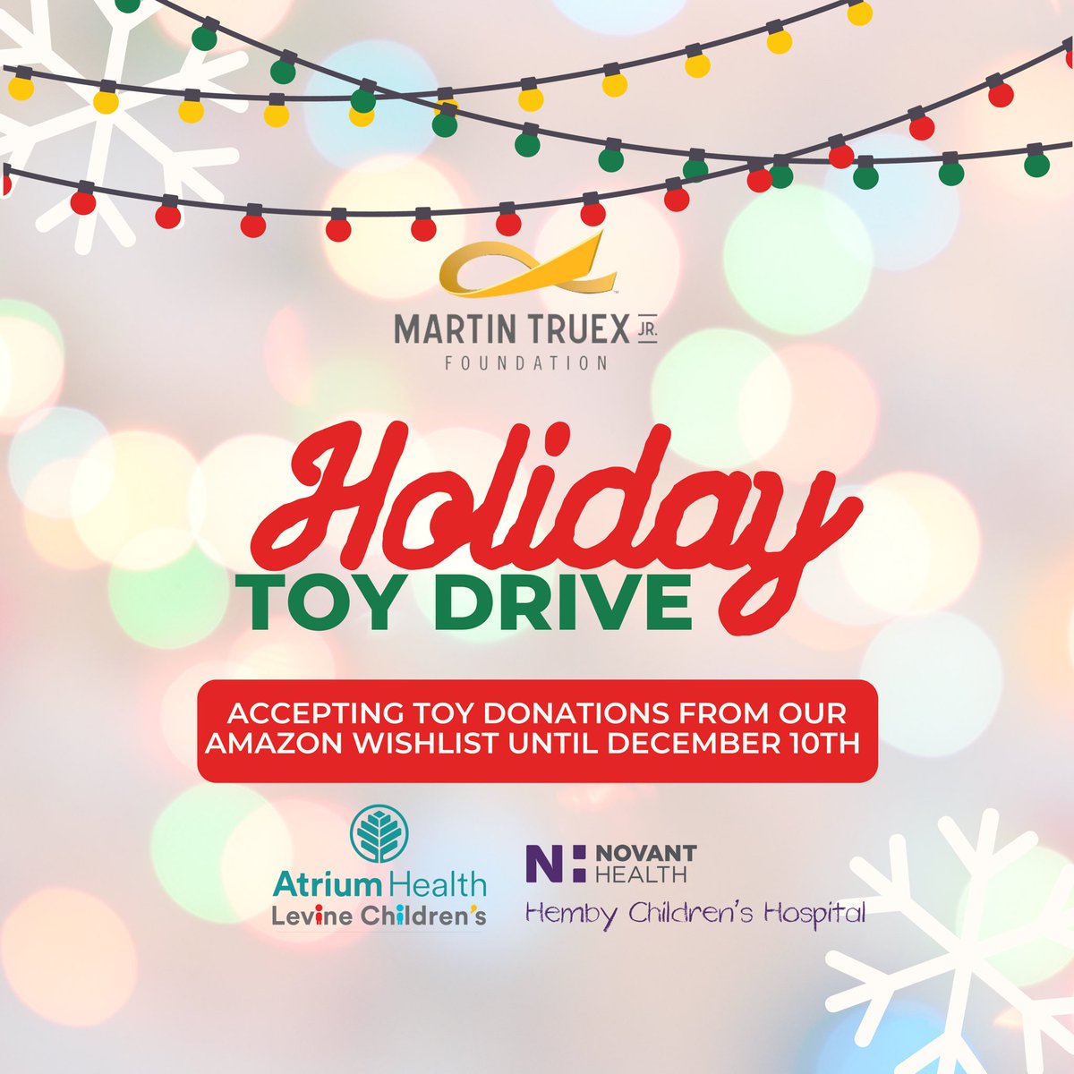 It’s the most wonderful time of the year🎄Help us bring holiday joy to the children of Levine Children's and Novant Health by donating a toy🧸 We will deliver these toys to children hospitalized during the holiday season. Consider donating a toy here: amazon.com/hz/wishlist/ls…