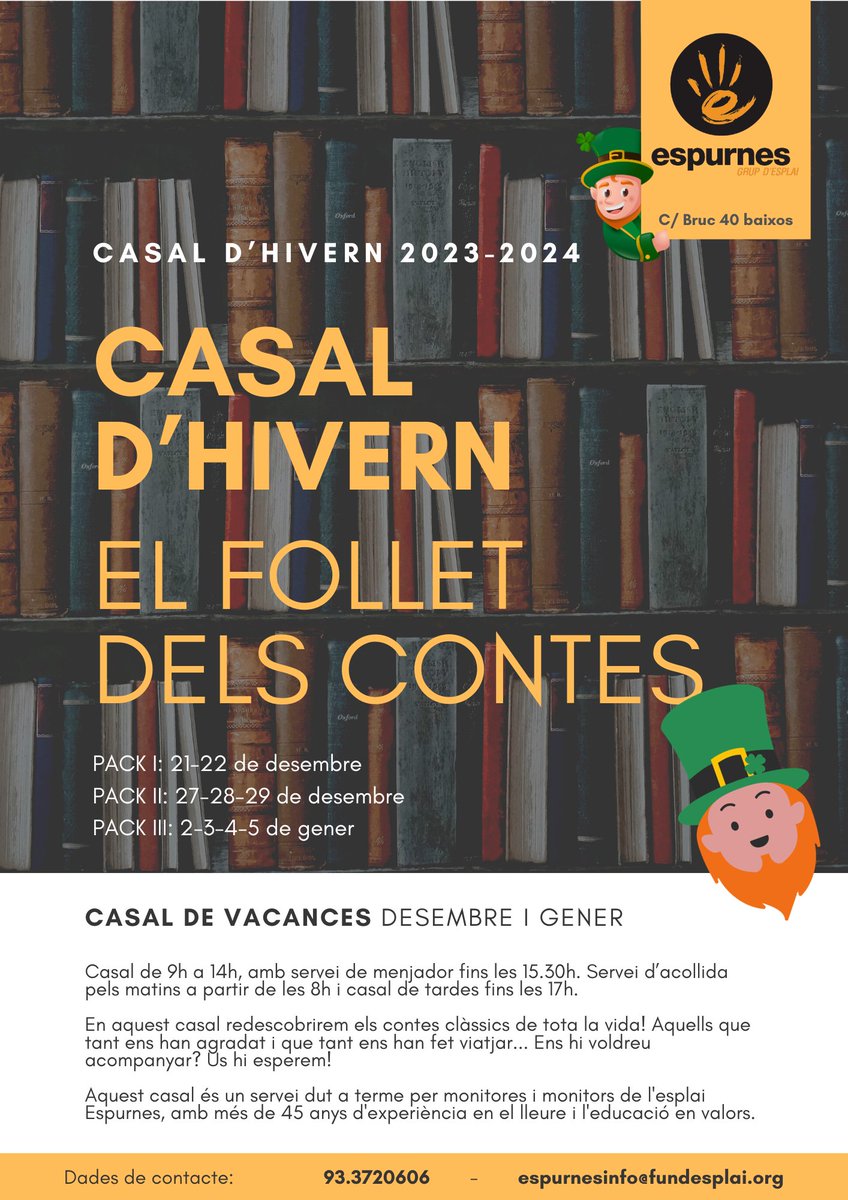 Aquestes vacances de desembre i gener fem el nostre casal, com cada curs! Les inscripcions estan obertes.

Vindrà un follet màgic per fer-nos descobrir llibres i contes clàssics... Vine a conèixer-lo amb nosaltres!

#CasalNadal #EsplaiEspurnes #LesDeSempre