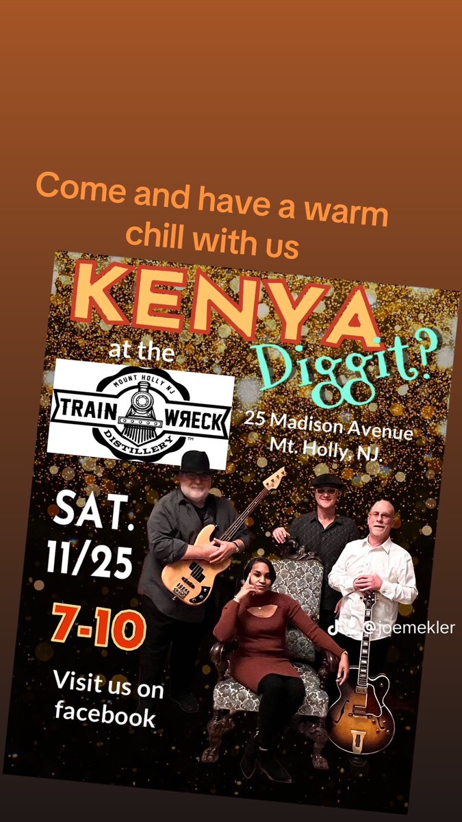 JoeMekler1's tweet photo. If you dig Jazz and soulful female vocals, get down to Mt Holly NJ Sat the 25th at the Train Wreck and chill with us. . . Kenya Diggit?? https://t.co/YD2CmUgHce